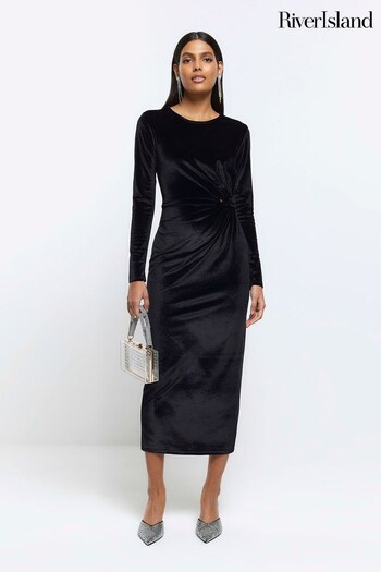 River Island Black Long Sleeves Twist Velvet Midi Dress (Q91180) | £40