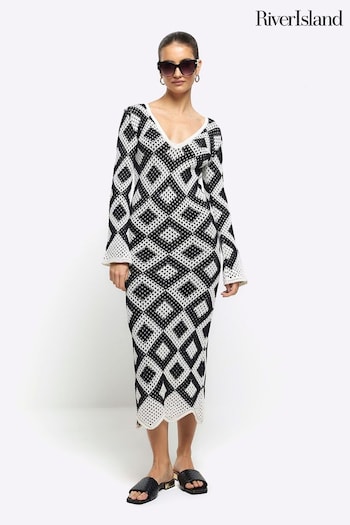 River Island Black Crochet V-Neck Maxi Dress (Q91210) | £50