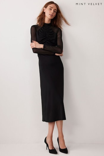 Mint Velvet Black Mesh Ruched Midi super Dress (Q91572) | £129