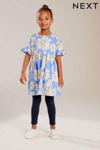 Blue Daisy Floral Print Short Sleeve Jersey pleated Dress and Legging Set (3-16yrs) (Q91585) | £13 - £19