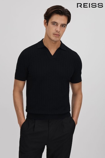 Reiss Black Mickey Textured Modal Blend Open Collar Shirt (Q91919) | £98