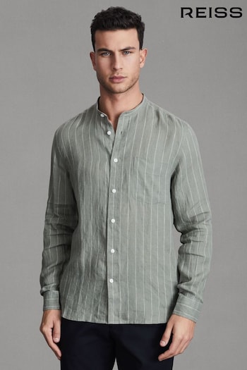 Reiss Sage Stripe Ocean Linen Grandad Collar Shirt (Q91935) | £98