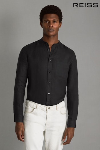 Reiss Black Ocean Linen Grandad Collar Shirt (Q91956) | £98