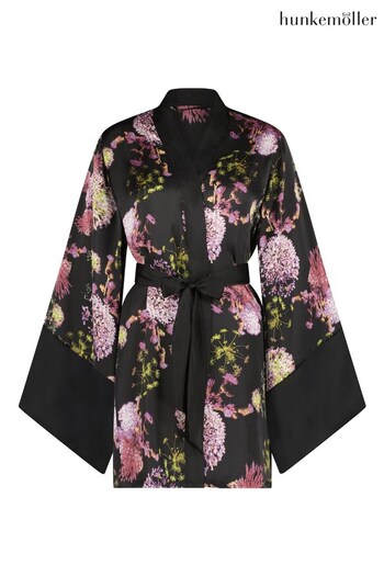 Hunkemoller Satin Kimono Lace Firework Robe Black Dressing Gown (Q92041) | £47