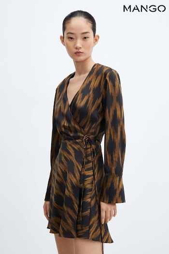 Mango Long Sleeved Printed Wrap Black Dress (Q92144) | £50