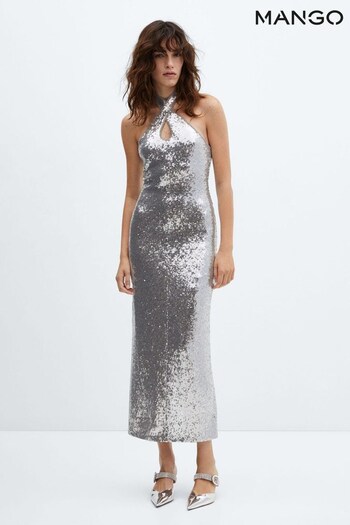 Mango Silver Sequin Midi Dress (Q92172) | £80