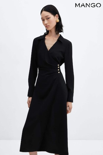 Mango Long Sleeved Black Wrap Dress with Button Details (Q92190) | £60