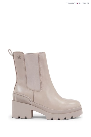 Tommy Hilfiger Cream Leather Mid Heel Boots (Q92192) | £170