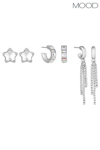 Mood Silver Tone Crystal And Aurora Borealis Star Droplet Chain Earrings 3 Pack (Q92681) | £18