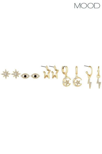 Mood Gold Tone Crystal Evil Eye And Celestial Stud Earrings 5 Pack (Q92698) | £18