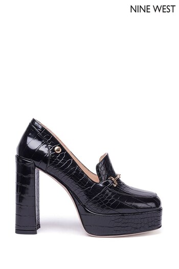 Nine West Longs  'Tamika' Croc Effect Block Heel Platform Black Loafers (Q92753) | £70