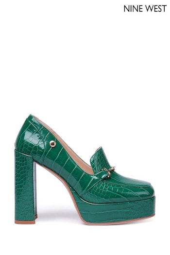 Nine West Womens Green 'Tamika' Croc Effect Block Heel Platform Loafers (Q92763) | £70