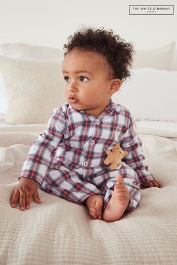 The White Company Blue Organic Cotton Check Sleepsuit With Bear (Q92838) | £30