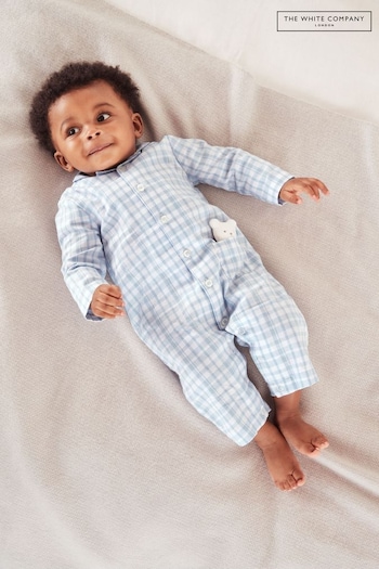 The White Company Organic Cotton Blue Gingham Sleepsuit With Bear (Q92844) | £30
