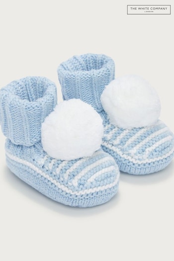 The White Company Blue Organic Cotton Stripe Knitted Pom Booties (Q92850) | £18