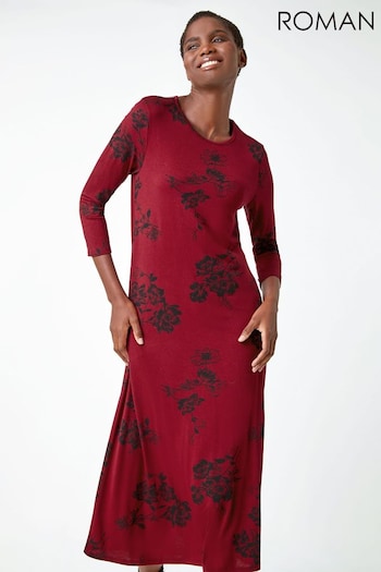 Roman Red Floral Print Pocket Stretch Midi Dress (Q92968) | £36