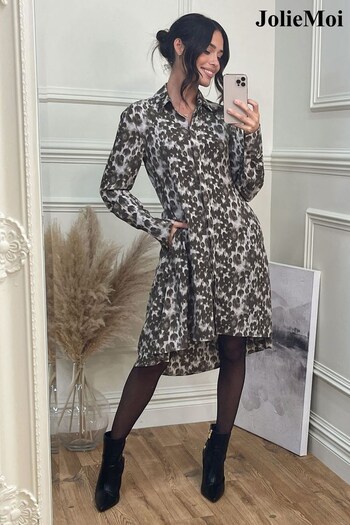Jolie Moi Brown Abstract Print Dipped Hem Shirt Dress (Q93000) | £60