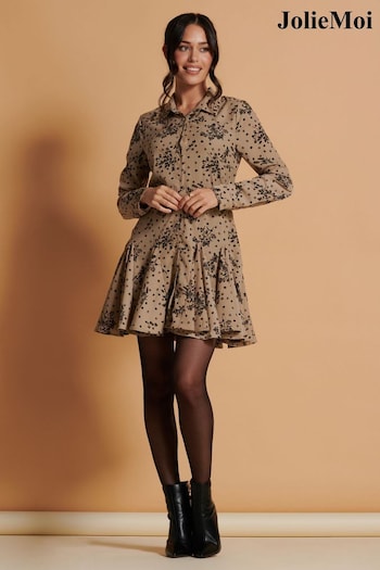 Jolie Moi Brown Long Sleeve Fit & Flare Bags Shirt Dress (Q93016) | £60