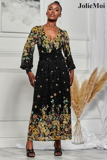 Jolie Moi Black Amica Symmetrical Print Lace Maxi Dress (Q93017) | £95
