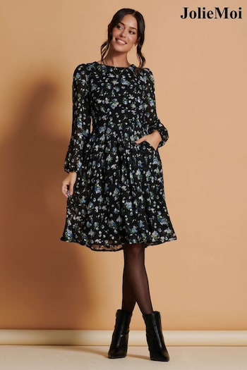 Jolie Moi Black Long Sleeve Chiffon Midi Dress (Q93018) | £65