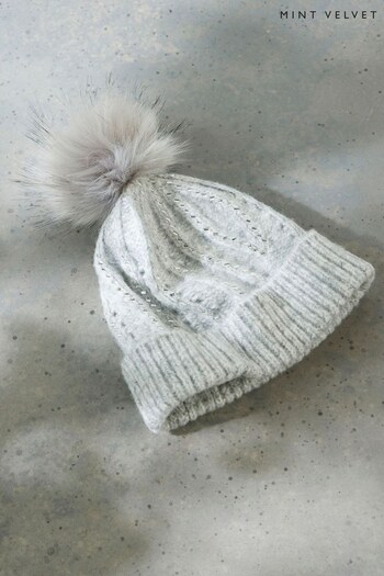 Mint Velvet Grey Embellished Bobble Hat (Q93144) | £35