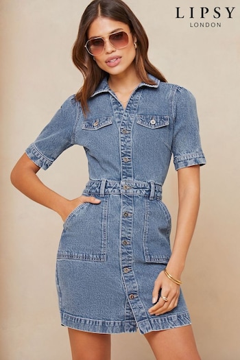 Lipsy Blue Petite Denim Short Sleeve Mini Shirt Jacquard Dress (Q93264) | £54