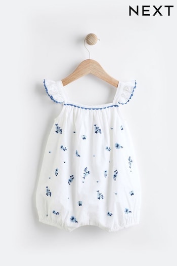 White/Blue Floral Embroidered rose Woven Romper (0mths-2yrs) (Q93307) | £16 - £18