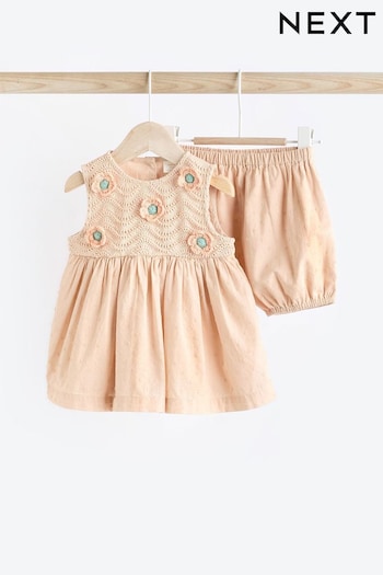 Beige Crochet Detail Baby Woven Dress And Bloomer Set (0mths-2yrs) (Q93364) | £16 - £18