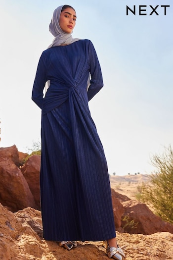 Navy Blue Plisse Long Sleeve Knotted Dress (Q93378) | £65