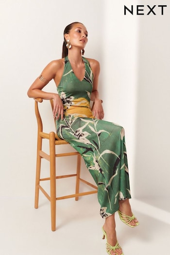 Green Floral Print Halter Neck Maxi Dress (Q93816) | £59