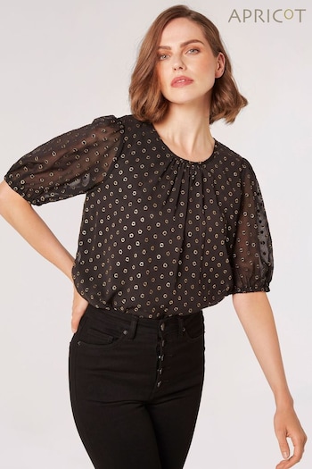 Apricot Black Foil Spot Puff Sleeve Pleat Detail Top (Q93847) | £35