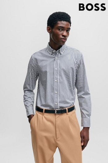 BOSS Blue Casual Fit Button-Down Shirt In Striped Cotton Twill (Q93857) | £99