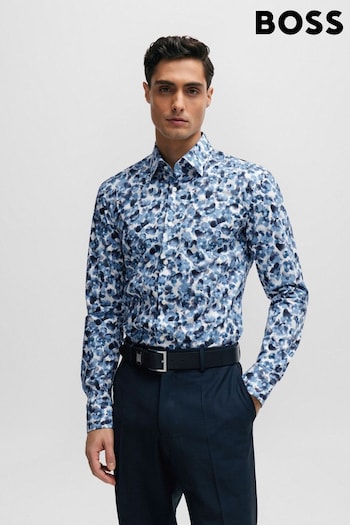 BOSS Blue Floral Print Stretch Cotton Shirt (Q93861) | £99