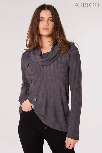 Apricot Grey Button Waffle Warp Over Cowl Neck Top (Q94130) | £30