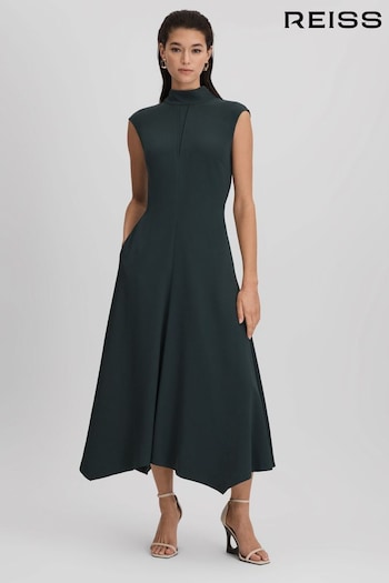 Reiss Dark Green Libby Fitted Asymmetric Midi Dress (Q94251) | £228