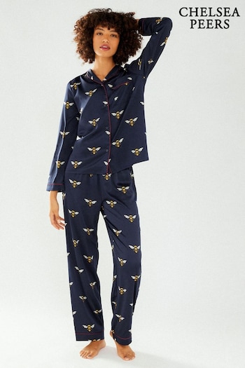 Chelsea Peers Blue Bee Satin Button Up Long Pyjama Set (Q94258) | £55