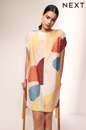 Abstract Print Gathered Short Sleeve Textured Boxy Mini Dress (Q94573) | £30