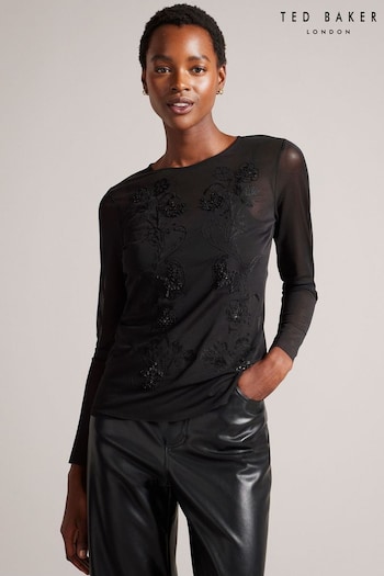 Ted Baker Larizaa Embroidered Black Mesh Top With Printed Cami (Q94585) | £75