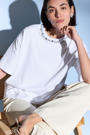 White Short Sleeve Necklace Trim T-Shirt (Q94711) | £28