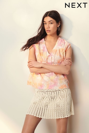 Pink Tie Dye Broderie V-Neck Lace Detail Short Sleeve Top (Q94730) | £21