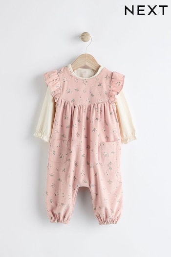 Pink Floral Corduroy Baby Dungarees & Long Sleeve Bodysuit Set (0mths-2yrs) (Q94787) | £21 - £23
