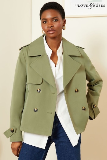 Custom Leather Sofas Khaki Green Cropped Trench Jacket (Q94791) | £64