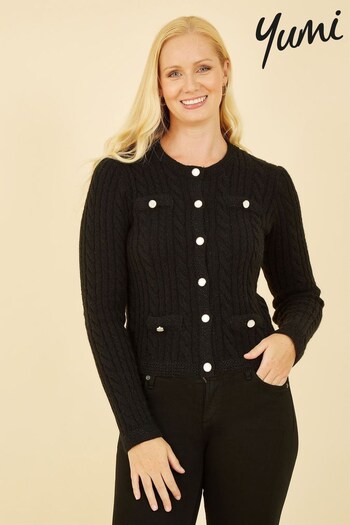 Yumi Black Cable Knit Cropped Button Up Cardigan (Q94800) | £45
