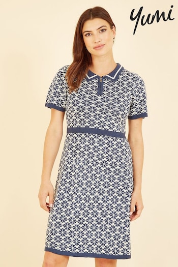 Yumi Blue Intarsia Daisy Knitted Dress With Zip Collar (Q94837) | £60