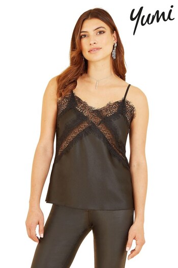 Yumi Black Satin Lace Detail Vest Top (Q94845) | £28