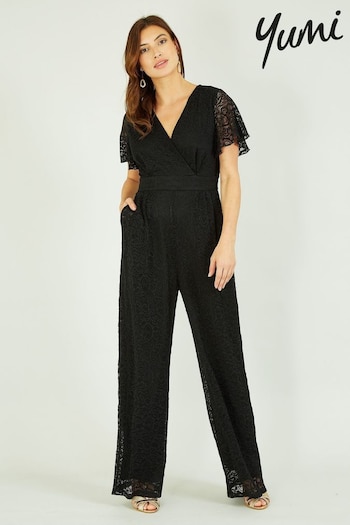 Yumi Black Angel Sleeve Lace Jumpsuit With Pockets (Q94853) | £70