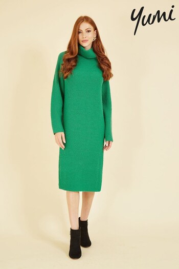 Yumi Green Roll Neck Knitted Midi Jumper Dress (Q94872) | £50