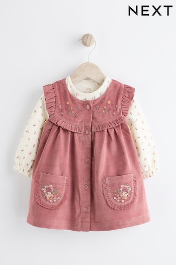 Pink Embroidered Baby Corduroy Pinafore Dress With Tights (0mths-2yrs) (Q94874) | £23 - £25