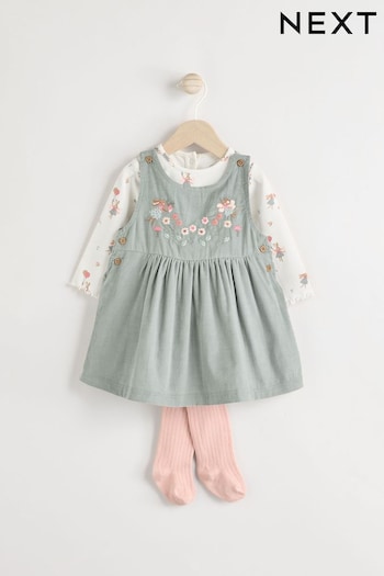 Green Embroidered Baby Corduroy Pinafore Dress With Tights (0mths-2yrs) (Q94879) | £23 - £25