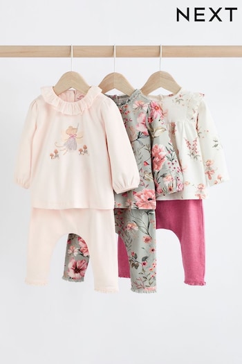 Pink/Green/White Floral Fairy Baby Long Sleeve 100% Cotton Top And Leggings Set 3 Pack (Q94941) | £30 - £32